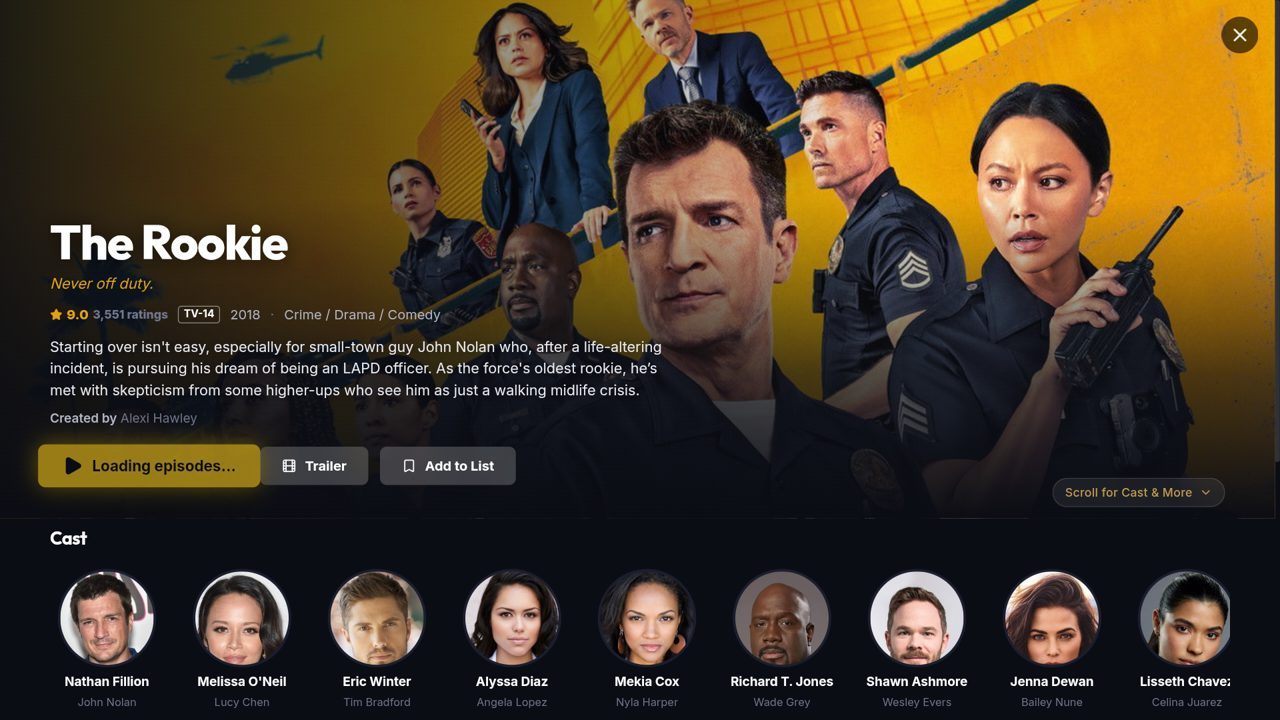 A show's page: backdrop art, rating, synopsis, Play and Trailer buttons, and the cast with their photos.