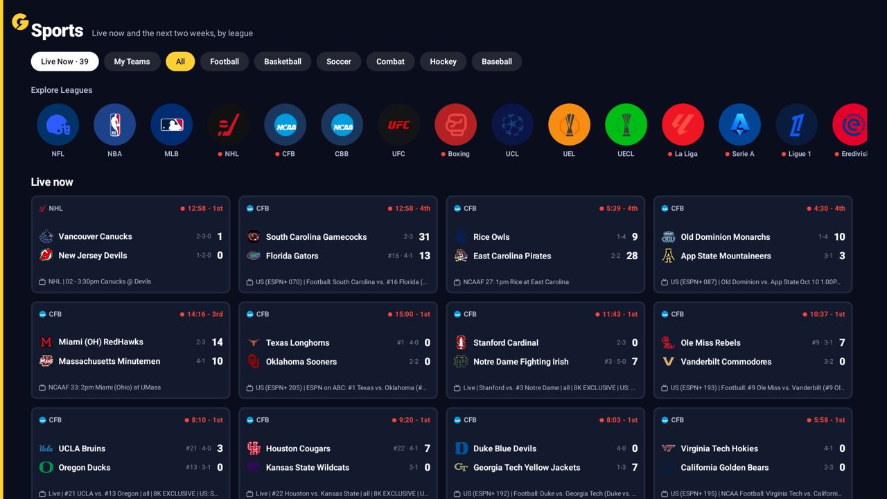 The Sports screen: league badges from the NFL to La Liga above a grid of games on now, each with its live clock, score, team records and the channel on your line that carries it.