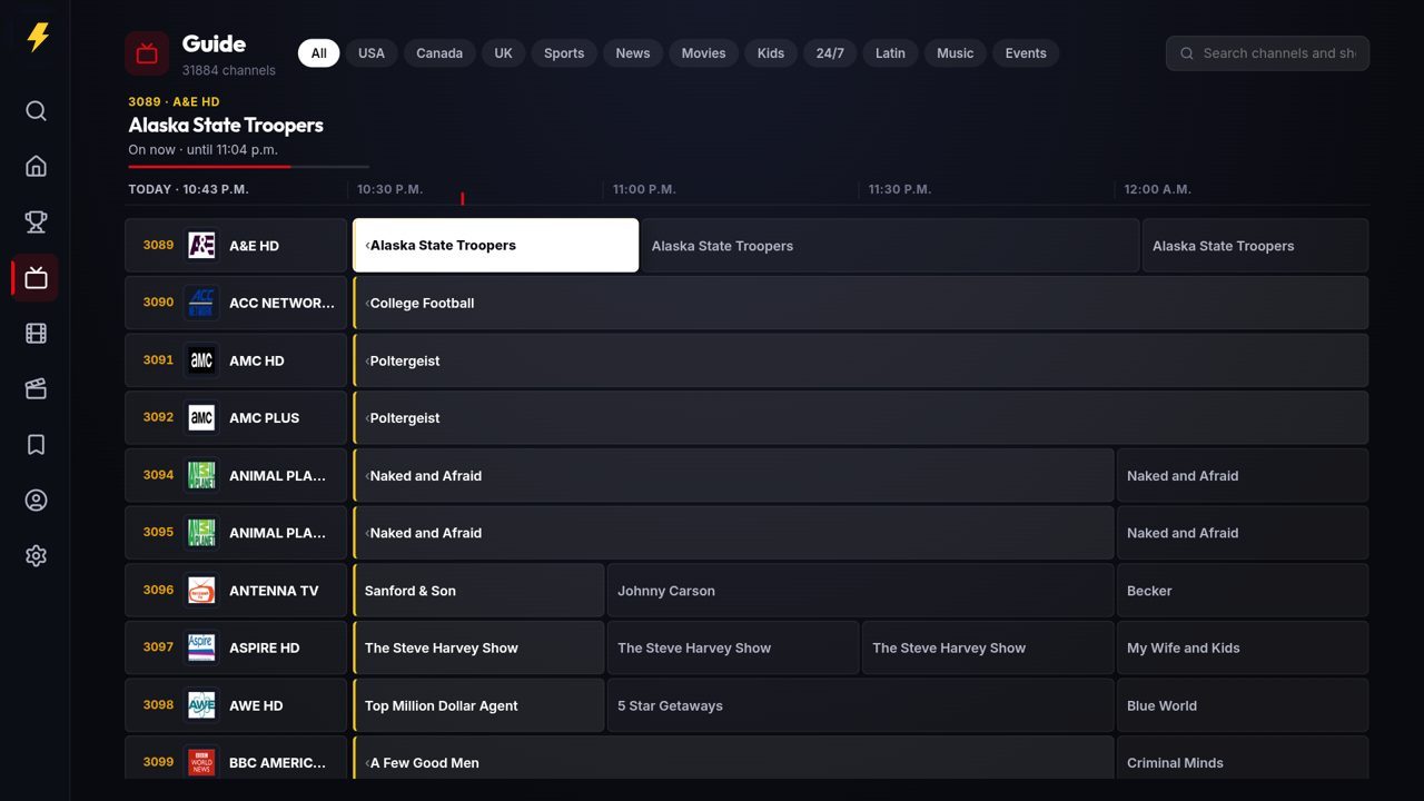 The Guide: a grid of channels with what's on now and next, filtered by country and category.