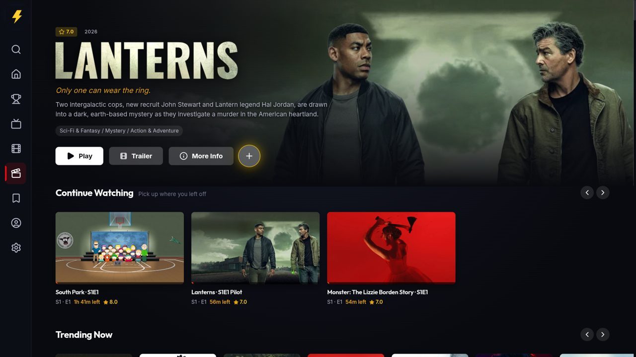 Bolt TV's home screen on a TV: a featured show with Play and Trailer buttons, a Continue Watching row and a Trending Now row of posters.
