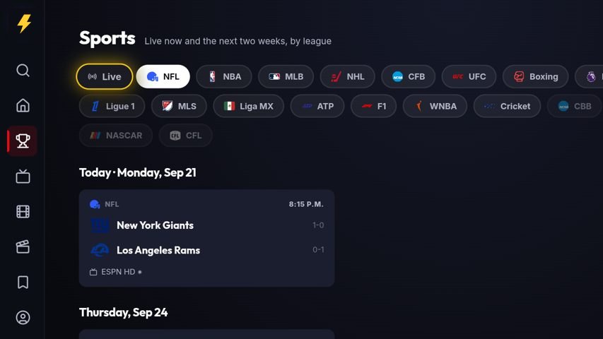 The Sports screen: league chips for NFL, NBA, MLB, UFC and more above a schedule of tonight's games with kick-off times and the channel showing each one.